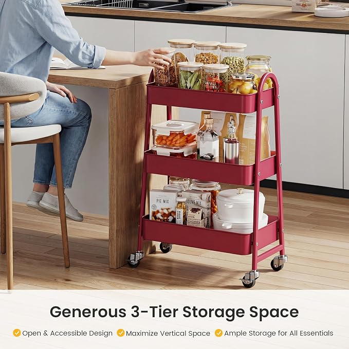 DUMOS 3 Tiers Rolling Cart, Utility Cart, Metal, White | Mobile Storage, Lockable Wheels, Utility Shelving Unit, Kitchen, Bathroom, Laundry, Narrow Places