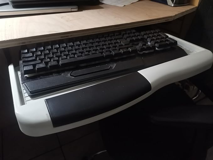 Corner Sliding Computer Adjustable Stand Office Keyboard Platform Tray | Drawer with Pen Box, Under Desktop Organizer