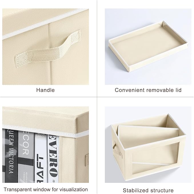 Homsorout Storage Bins with Lids - Fabric Closet Storage Bins with Window, Collapsible Baskets for Shelves 4 Pack, Home Decorative Boxes for Clothes, Closet, Office, Beige