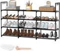 3 Row 4 Tier Long Shoe Rack, Black Metal Stackable Shoe Shelf with Multifunctional Hooks, Shoe Storage Hold 24-30 Pairs, Space Saving Shoe Organizer for Closet,Wide Shoe Rack