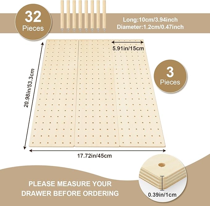 3 Pcs Wood Pegboard Drawer Organizer(Natural Wood,21 x 5.91 Inch,Pine) | with 32 Pegs, Wooden Peg Board Drawer Shelf Organizer, Adjustable, Kitchen Dishes Plate Pot Container Cookware Utensil