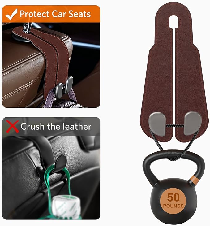 CoBak Purse Hook for Car - Universal Premium Stitched Leather and Aluminum-Magnesium Alloy Double Car Seat Back Storage Hook for Purses, Handbags, Bags (2 Pack),Wine Red