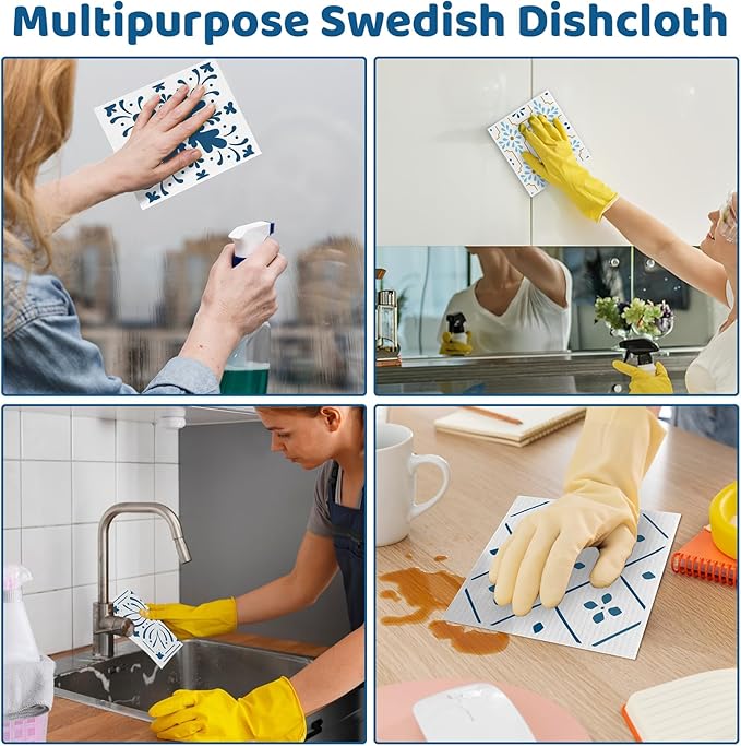 Needbrock 6 Pack Swedish Dishcloths for Kitchen,Swedish Rags Dish Towels with Clips, Reusable Paper Towels Washable Absorbent Cellulose Sponge Cloths for Countertop Dishes Sink Kitchen
