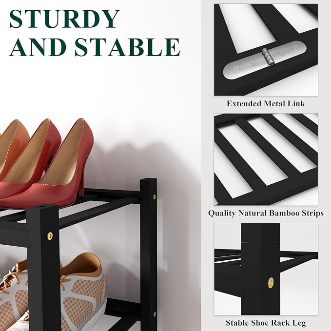 Smiry Bamboo Shoe Rack for Closet, 5 Tier Long Wooden Shoe Organizer, Stackable Wood Shoe Storage Shelf for Entryway, 14 Vertical Slats, 2+3 Stack Heavy-Duty Legs, 33.86"x11.02"x31.3", Black