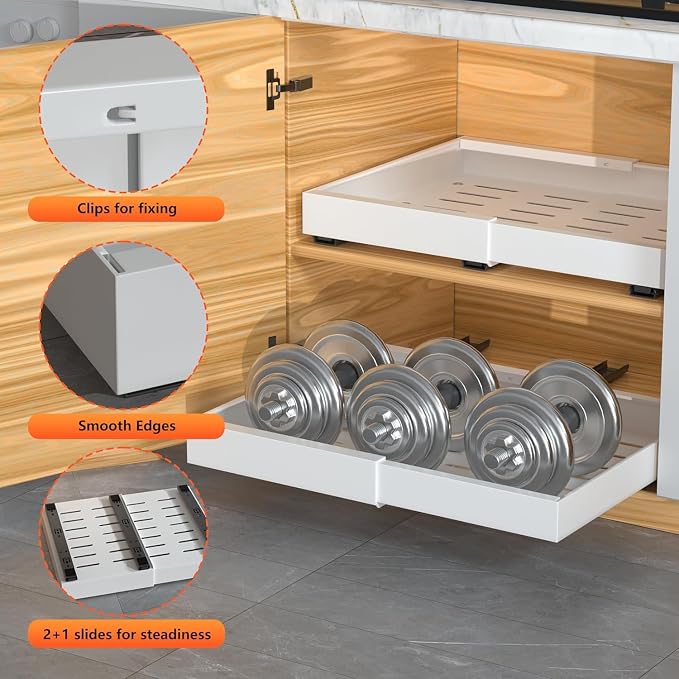 4 Pack Expandable Pull Out Cabinet Organizer | fixed by nano adhesive film, no drilling, heavy duty sliding drawer, suitable for kitchen, pantry cabinet storage