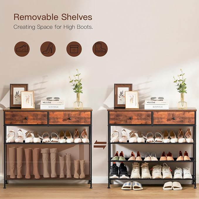 usikey Shoe Rack, 4 Tier Shoe Storage Organizer with 2 Drawers, Metal Shoe Shelf for 12-15 Pairs of Shoes, with 3 Oxford Fabric Shelves and Wooden Top, Shoe Stand for Entryway, Closet, Rustic Brown