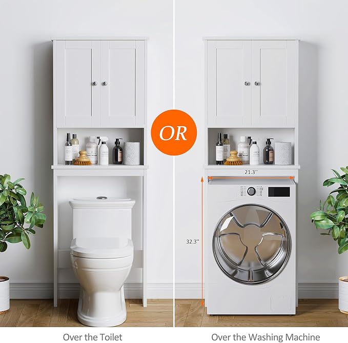 Over the Toilet Storage Cabinet, Bathroom Storage Cabinet White Organizer Over Toilet, Bathroom Space Saver with Adjustable Shelf, White