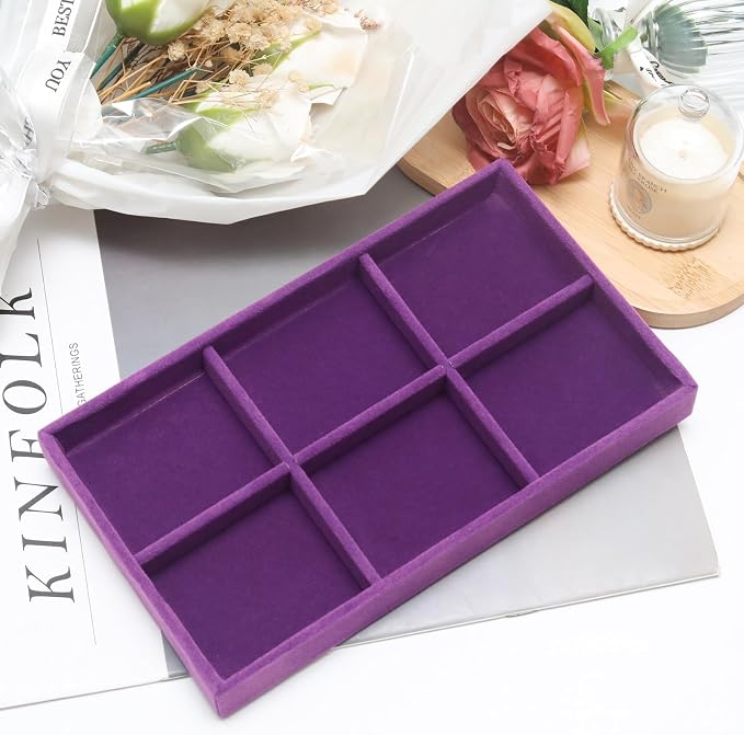 Velvet Jewelry Trays for Drawers, Purple Stackable Jewelry Drawer Organizer Inserts, Ring Earring Necklace Bracelet Holder Organizer Storage Display Tray with Removable Dividers, 6 Grids