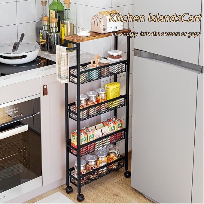 AZERPIAN Slim Rolling Cart 5 Tier Narrow Storage Cart on Wheels with Metal Handle for Kitchen Dining Living Home Laundry Room
