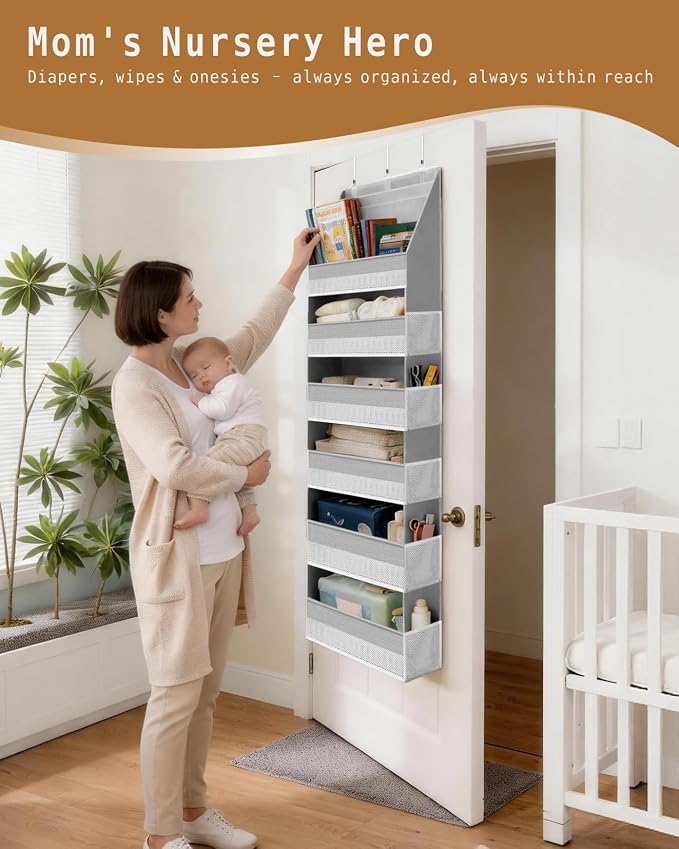 KMSCO Over The Door Organizer, 6 Large Pockets + 13 Mesh Side Pockets, Hanging Storage, 55lbs Capacity, Heavy Duty Non-Woven Fabric for Baby Nursery, Bathroom, Pantry, Closet, Grey, 2 Pack