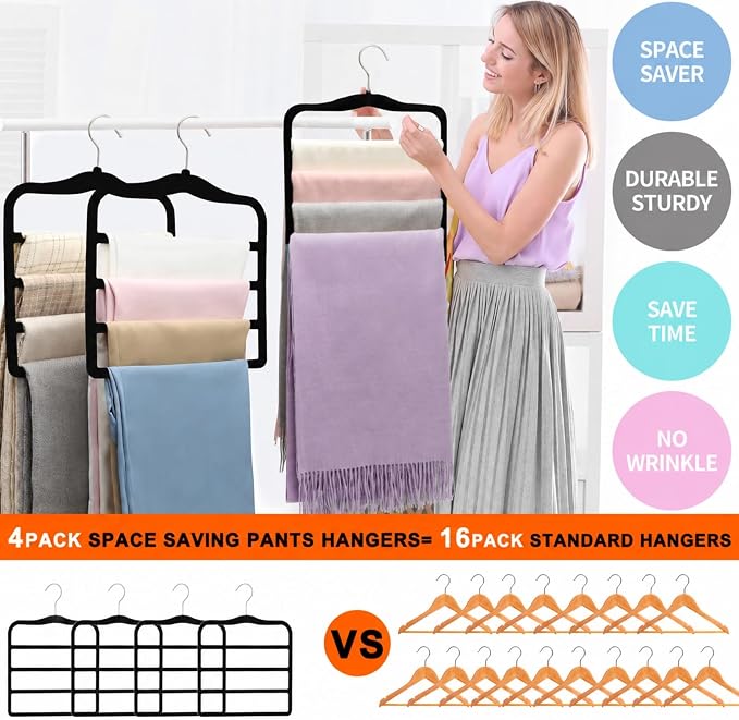 4 Pack Space Saving Velvet Pants Hangers, Dorm Room Essentials, Non-Slip Multi-Tier Closet Organizer for Jeans & Slacks, Maximize Wardrobe Storage with Multi-Purpose Rack for Shorts, Scarves & Ties