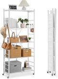 VEVOR 5-Tier Foldable Storage Shelf, 32W x 14D x 72H Inch Folding Metal Rack Shelving Unit, Heavy Duty No Assembly Organizer Shelf with 5 Wheels & 4 Hooks for Pantry, Kitchen, Garage, Basement, White
