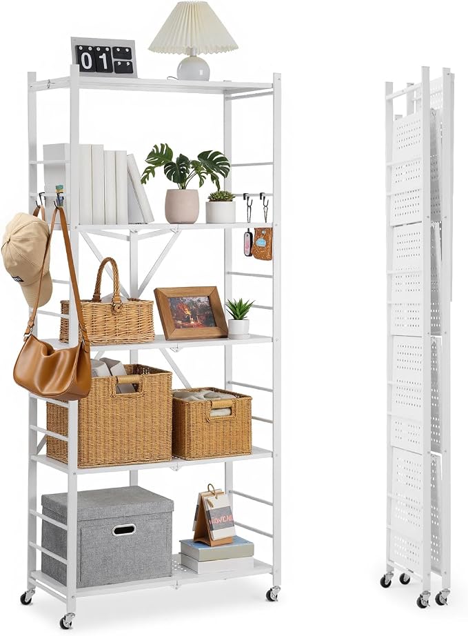 VEVOR 5-Tier Foldable Storage Shelf, 32W x 14D x 72H Inch Folding Metal Rack Shelving Unit, Heavy Duty No Assembly Organizer Shelf with 5 Wheels & 4 Hooks for Pantry, Kitchen, Garage, Basement, White