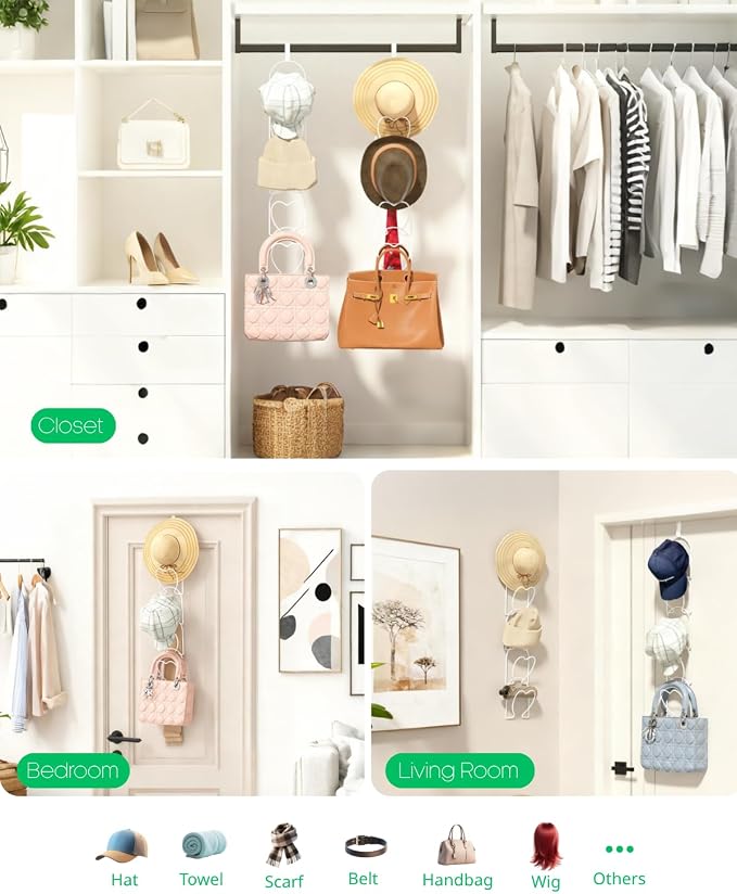 LINFIDITE 15 PCS Baseball Hat Rack Hanger Holder Organizer Multi Hook Wall Mounted Over Door Cap Display Storage Rack Cap Holder, Closet HangingStorage Rack w Hanging Hook White