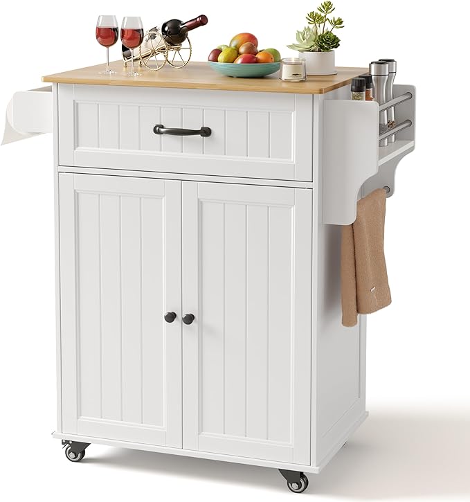 Gizoon Kitchen Island Cart with Adjustable Shelf | Drawer & Storage Cabinet, Spice Rack & Towel Rack, for Dining Room, Bar, White, Tabletop-oak color