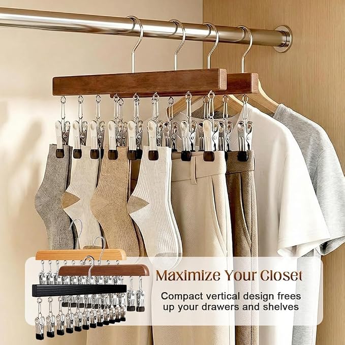 10/12-Clip Wooden Hanging Organizer, Sturdy Rack for Pants, Leggings, Socks, Hats, Scarves, Multi-Purpose Closet Storage for Home Use (2, Burlywood 12clip)