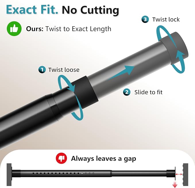 STARLATTA Heavy Duty Black Closet Rod: 17-69 Inch Stepless Adjustable Clothes Hanging Bar, 1.3" Diameter Metal Wardrobe Pole with Brackets, No-Cut, for Laundry & RV