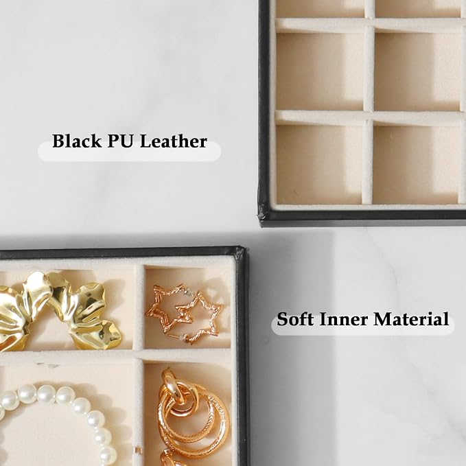 Large Jewelry Organizer Tray 2 Pack, Stackable Jewelry Storage Holder for Drawer Inserts, PU Leather Velvet Jewellery Display Case for Earring Bracelet Necklace Ring (Black Beige, 35 Grids)