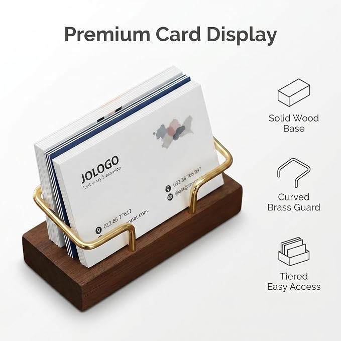 Solid Walnut Wood Business Card Holder, Brass Metal Arc Baffle Desktop Name Card Display Stand for Office Reception, Trade Show and Desk Organization Black