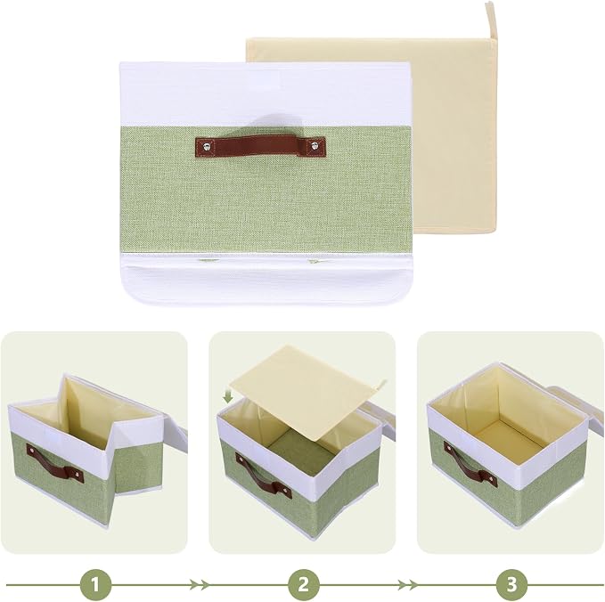 ANMINY Storage Boxes with Lids Washable Decorative Storage Bins Basket with PU Leather Handle Foldable Linen Fabric Storage Cubes Containers for Home Closet Organizer - Green White, Medium