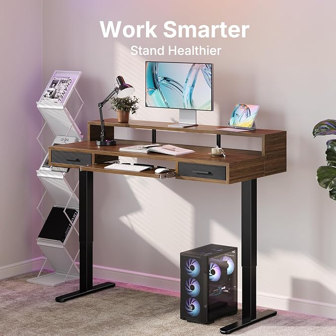 HUANUO 55″ x 26″ Electric Standing Desk with 2 Drawers &24.4″ Large Keyboard Tray, C-Clamp Mount Compatible, Adjustable Computer Desk for Office, Sit Stand Up Desk with 4 Height Presets, Deep Walnut