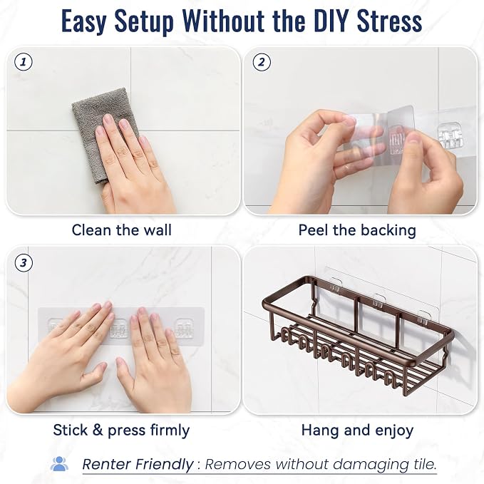 8 Pack Adhesive Rustproof Shower Caddy with Soap Dishes, Toothbrush Holder & Hooks, Large Capacity No-Drilling Shower Shelves Rack for Bathroom Organizers and Storage Accessories, Brown