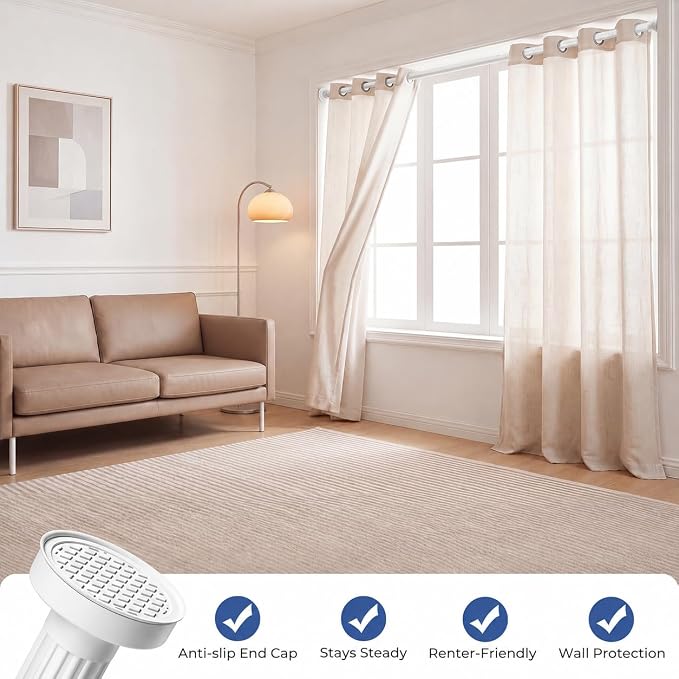 ALLZONE Adjustable Tension Curtain Rod, 40-157 inches, Heavy Duty Curtain Rods No Drilling, Anti-Slip Tension Rod for Window, Shower, Outdoor & Patio, Easy to Install, 1.26In Diameter, White
