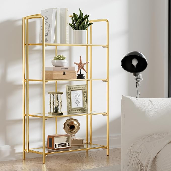 Crofy 4-Tier Wider Foldable Bookshelf, Gold Frame & Transparent Shelves | No-Assembly Collapsible Portable Storage Organizer; Sturdy Transparent Shelves; Ideal for Living Room & Home Office
