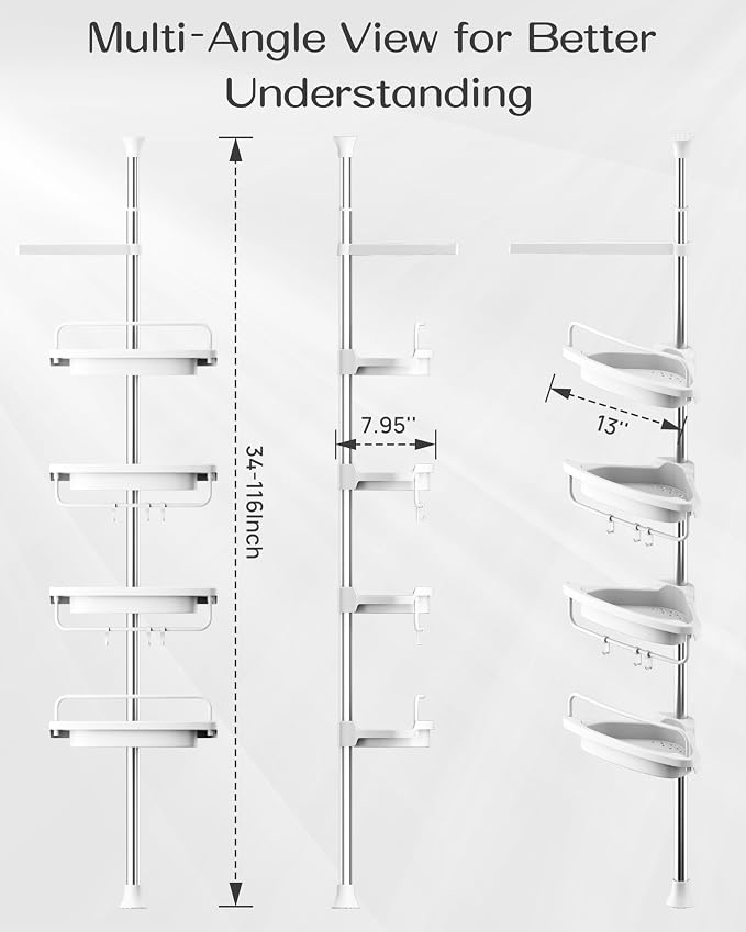 ALLZONE Corner Shower Caddy Tension Pole, Extendable Rustproof Stainless Steel Pole & 4-Tier Adjustable Shelves for Easy Drainage and Built-to-Last Stability, 34 to 116 Inches, White