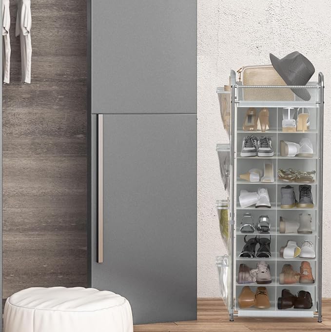 Simple Houseware 16 Cube Shoe Stand Tower Rack 8 Tier, Gray | Top Shelf and Side Hanging Pockets