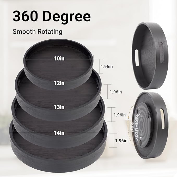 13in Black Bamboo Lazy Susan Turntable - Round Rotating Organizer for Cabinet, Table Top & Kitchen | Spice & Seasoning Spining Serving Tray