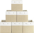 FinishingBo 13 x 13 Inch Fine Linen Storage Bins with Handles，Fabric Cube Boxs，Basket Organizers for Shelves for Home, Closet Drawers (White/Khaki-6 Pack)