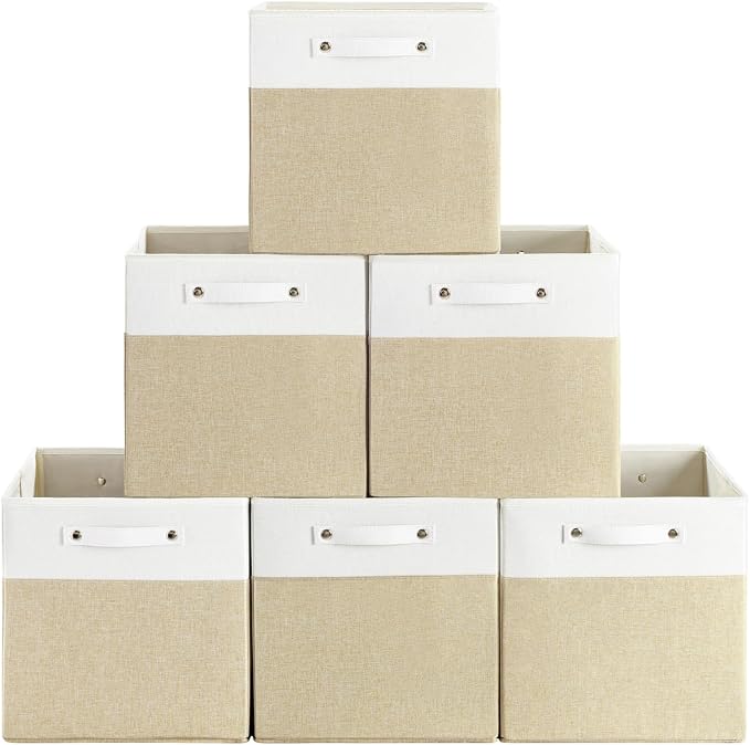 FinishingBo 13 x 13 Inch Fine Linen Storage Bins with Handles，Fabric Cube Boxs，Basket Organizers for Shelves for Home, Closet Drawers (White/Khaki-6 Pack)