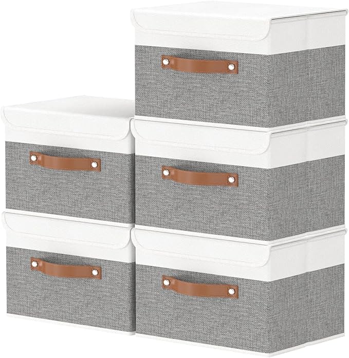 OUTBROS Fabric Storage Bins Cube Organizers with Flip-Top Lid and Handles,Storage Boxes for Organizing Home,Office,and Closet,White/Grey,5 Pack 10.2 x 7.9 x 6.7 in