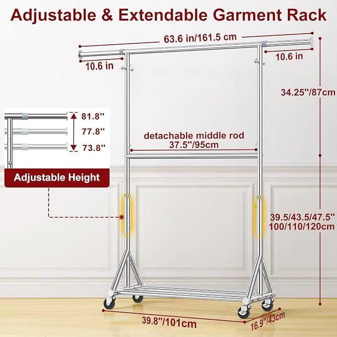 100% Stainless Steel Heavy Duty Clothes Rack Load 860LBS, Adjustable Height Double Rods Clothing Racks for Hanging Clothes, Rolling Garment Rack With Sturdy Wheels Shelf, Portable Closet Wardrobe Rack
