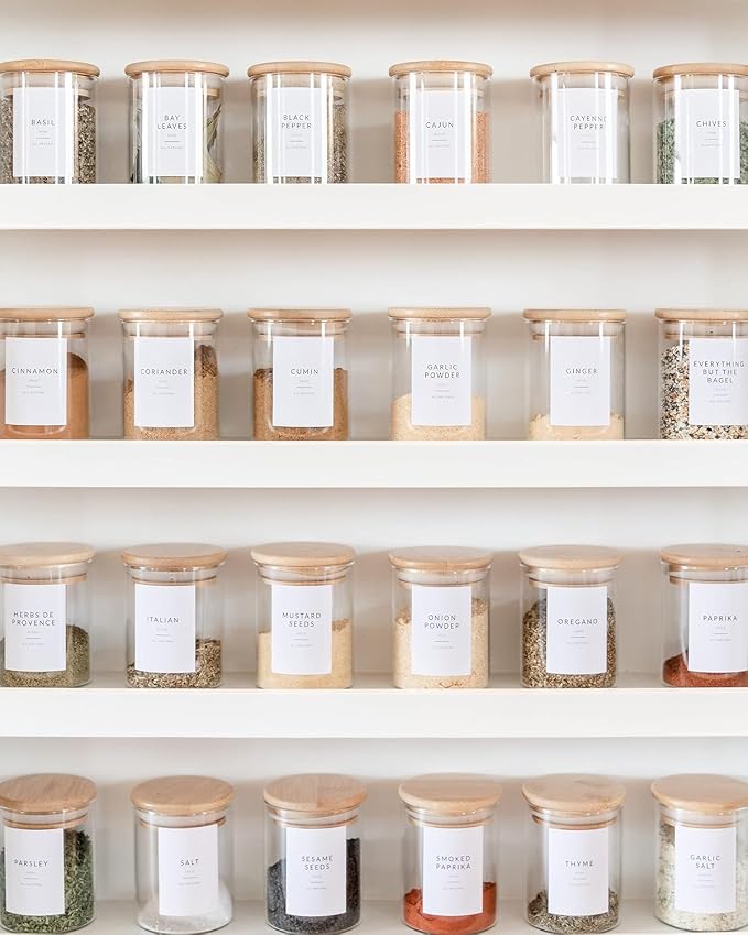 Minimalist Spice Labels for Glass Jars - 142 Spice Jar Labels Preprinted Waterproof, White Rectangle Herb Stickers, Seasoning Herb Containers Kitchen Pantry Organization