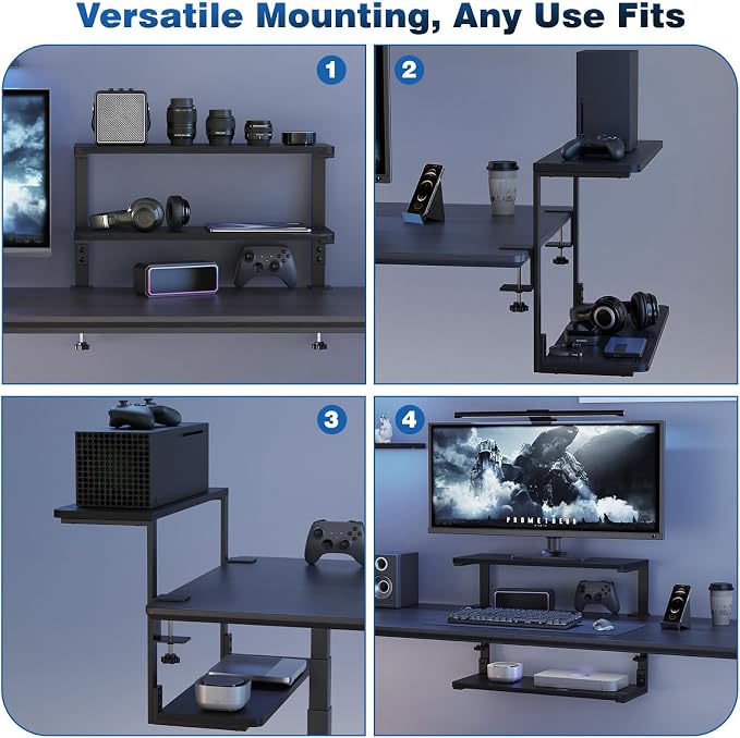 2-Tier Desk Extender, 22-inch Clamp-On Desk Shelf, Height-Adjustable Desktop Shelf Organizer for Monitors Office and Gaming Accessories, Arm Support Table Extension, Black