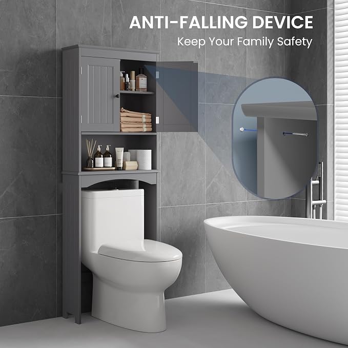 Bealife Over The Toilet Storage Cabinet with Open Shelf - Grey | Over Toilet Bathroom Organizer with Adjustable Shelf and Double Doors, Space Saver Free Standing Storage Shelf for Bathroom