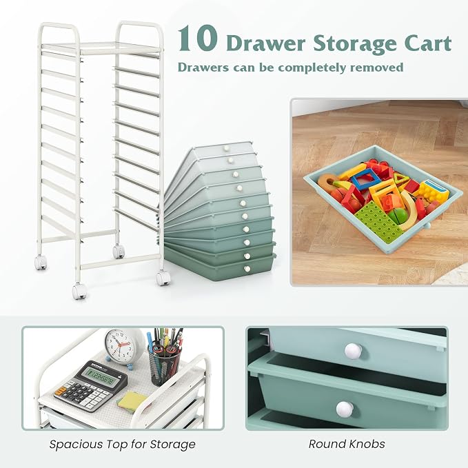 LDAILY 10-Drawer Rolling Storage Cart, Rolling Storage Cart, Storage Organizer on Wheels, Metal Frame, Scrapbook Paper Tools, Suitable for Office School, Classroom (Gradient Green, 10 Drawer)