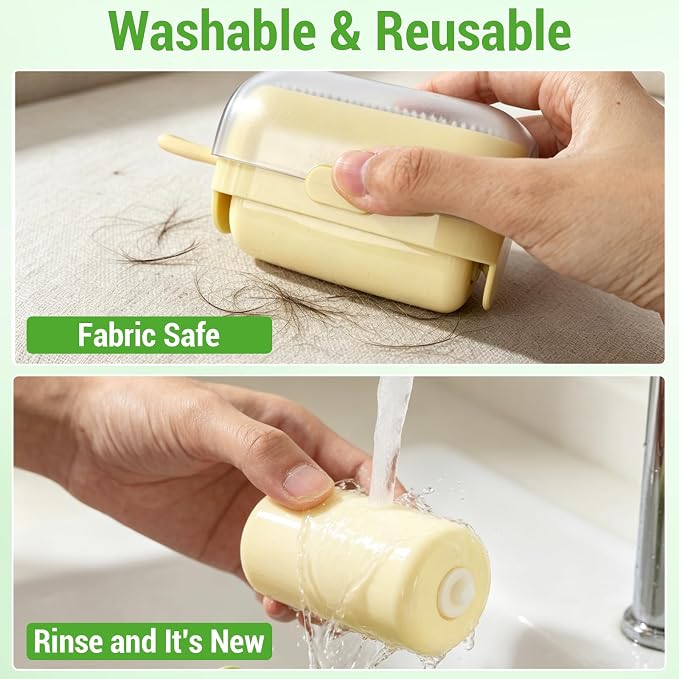 Mini Lint Brush/Roller, 2-in-1 Lint Remover, Yellow | Washable, Reusable Lint Roller, Portable Travel Size, For Pet Hair, Clothes, Carpet, Car, Includes Cleaning Brush