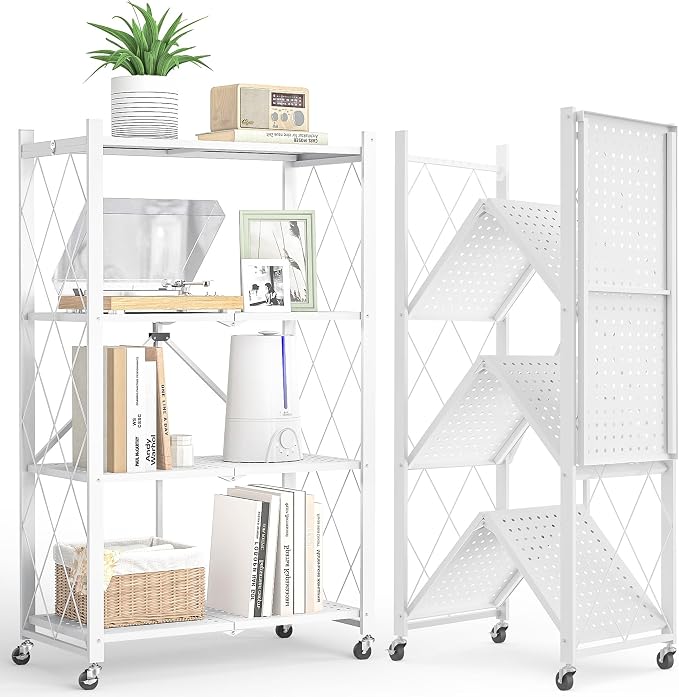 4-Tier Folding Metal Storage Rack - 50" Heavy-Duty Steel Frame with Wheels, No Assembly Utility Organizer, Rolling Shelving Unit for Kitchen, Garage, Pantry, Bedroom (White, 4 Tier)