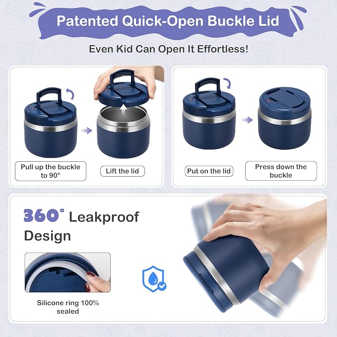 MAXSO 14oz Vacuum Insulated Food Jar with Spoon Buckle Lid, Kids Soup Thermo for Hot Food Wide Mouth Leakproof Stainless Steel Lunch Container - Navy Blue