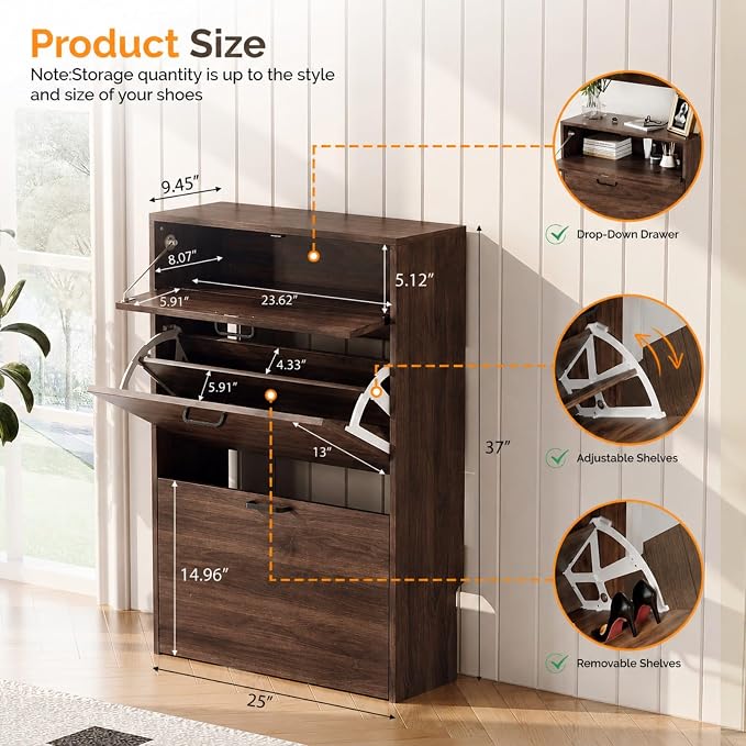 VINGLI Shoe Cabinet Storage for Entryway Ultra Slim with 2 Flip &1Drop-Down Drawers, 24.8" W Narrow Shoe Cabinet for Front Door Entrance,Freestanding Walnut Wood Shoes Organizer for Hallway