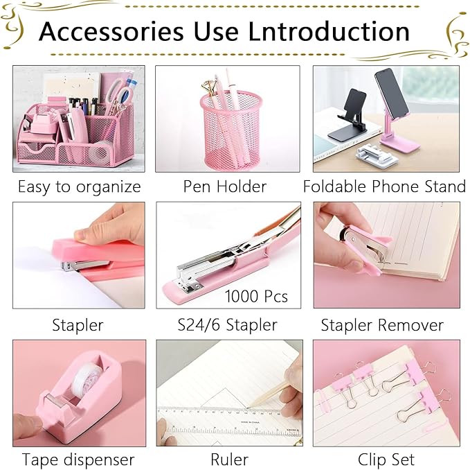Office Supplies,Desk Accessories,Stapler and Tape Dispenser Set,1000 Staples,Staple Remover,Pen Holder,Folding Phone Holder,Journal Notebook,Ballpoint Pen,Scissor,Ruler,Clear Tape,Sticky Notes,Ect