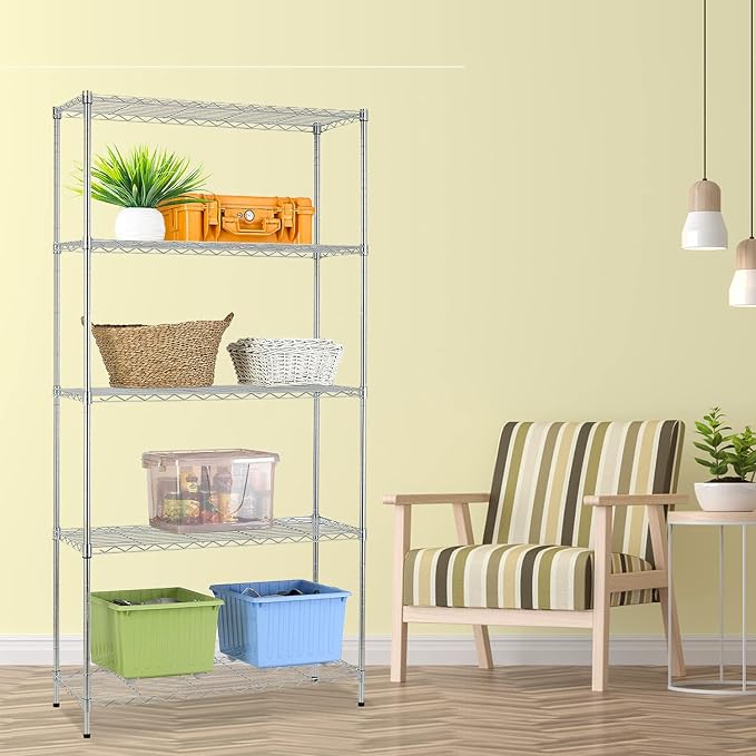 HCY Heavy Duty 5-Tier Storage Shelf - Adjustable Metal Rack for Laundry, Bathroom, Kitchen, Garage & Pantry Organization - 14"x36"x72" (Chrome)