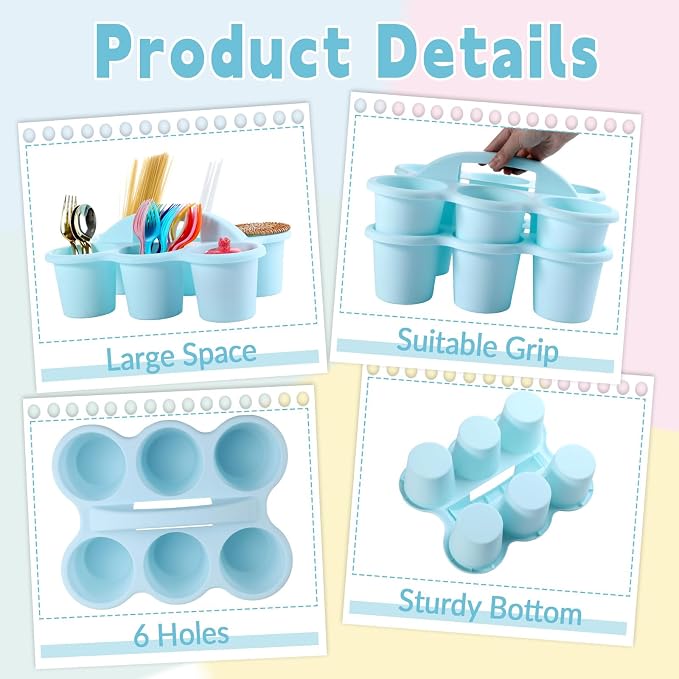 6 Pack Classroom Caddy with Handle Plastic Storage Caddy Organizer with 6 Compartments Drink Cup Caddies Holder Portable Storage Bin for Pencil, Crayon, Marker, Home Office School Supplies(Light Blue)