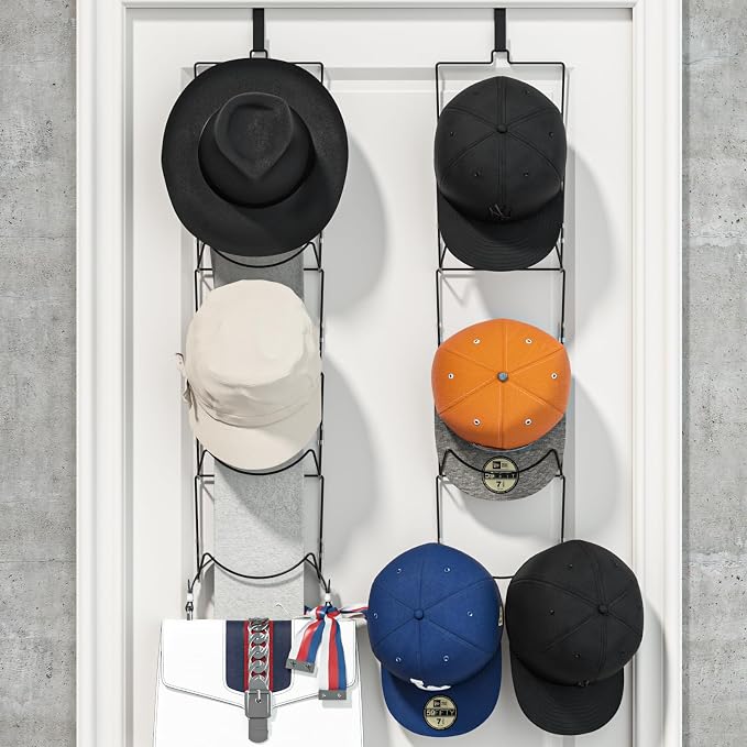 LINFIDITE 10 Pack Hat Rack Hanger Holder Organizer Flexible Multi Hook Wall Mounted Over Door Baseball Cap Display Storage Rack Cap Holder, Closet HangingStorage Rack w Hanging Hook Black