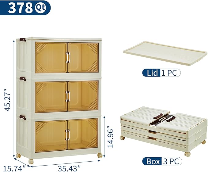 Garvee 378QT Stackable Storage Bins, Plastic Bins for Storage with Lids, Plastic Storages Drawers with Magnetic Doors & Wheels, Foldable Collapsible Closet Organizers for Home, Dorm, Office, White
