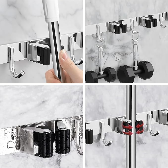 Self Adhesive SUS304 Broom Holder Wall Mount | 5 Racks and 4 Hooks Mop Organizer Heavy Duty Solid Non-slip Storage Tool for Home Kitchen Garden Laundry Garage