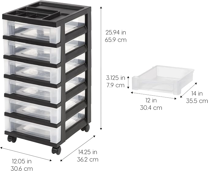 IRIS USA 6-Drawer Rolling Storage Cart, Black/Clear | Keep craft supplies, office essentials, classroom items, and accessories organized with easy-access drawers for daily use